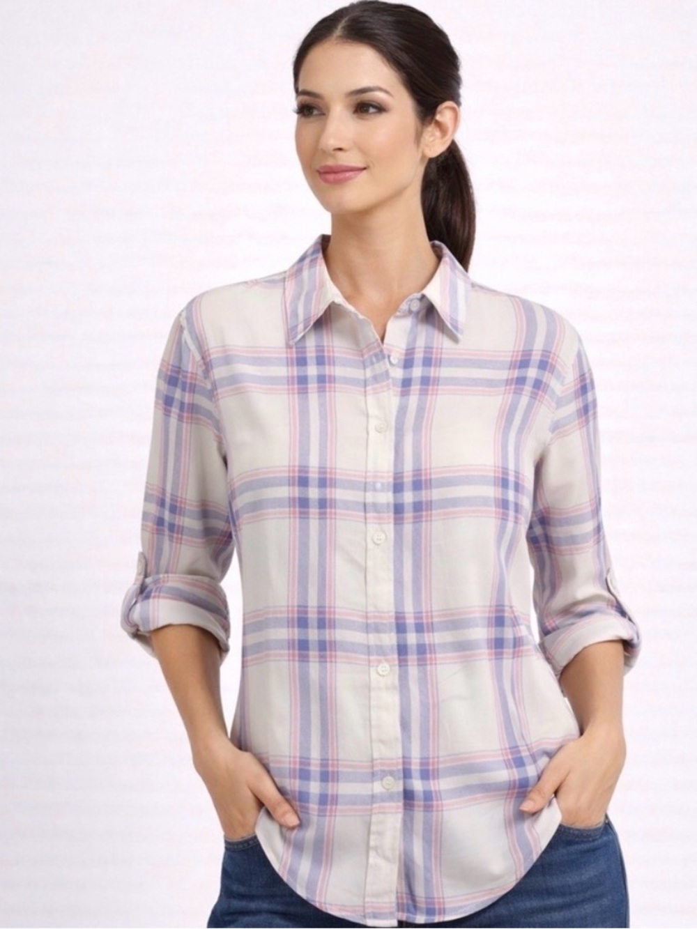 Milk & Honey Plaid Button Down Shirt women’s Size S 100% Rayon(A430)✨
